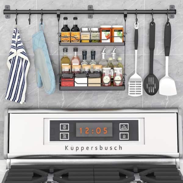 2-Tier Wall Mounted Metal Utensil Hanger with Hooks, Towel Bar and Spice Rack for Kitchen Storage, Matte Black