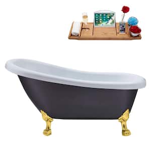 61 in. Acrylic Clawfoot Non-Whirlpool Bathtub in Matte Grey With Polished Gold Clawfeet And Brushed Gold Drain