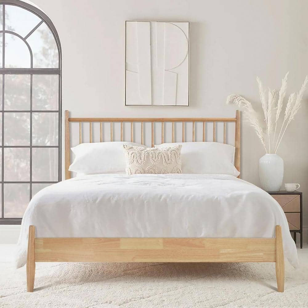 Natural Wood Full Platform Bed with Upholstered Headboard
