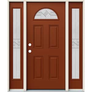 60 in. x 80 in. Right-Hand Fan Lite Decorative Glass Caldwell Mesa Red Fiberglass Prehung Front Door W/Sidelites