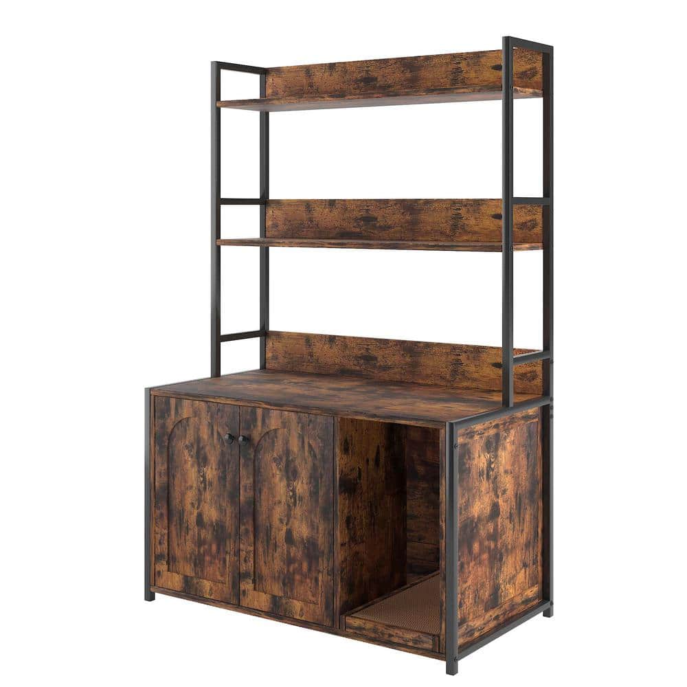 35.2 in. W x 17.7 in. D x 52 in. H Brown Linen Cabinet Cat Litter Box with 