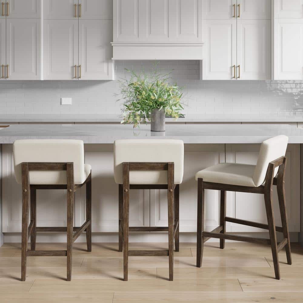 Cream Linen Upholstered Dark Brown Wood Counter Stool