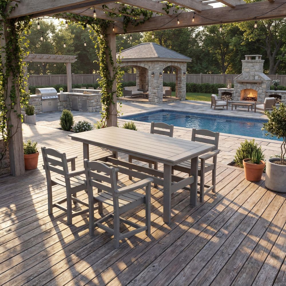 Gray 5-Piece Durable HDPE Rectangular Patio Outdoor Dining Set with 4 Armchairs & Umbrella Hole Table, All-Weather Frame price history on PriceWatchPro