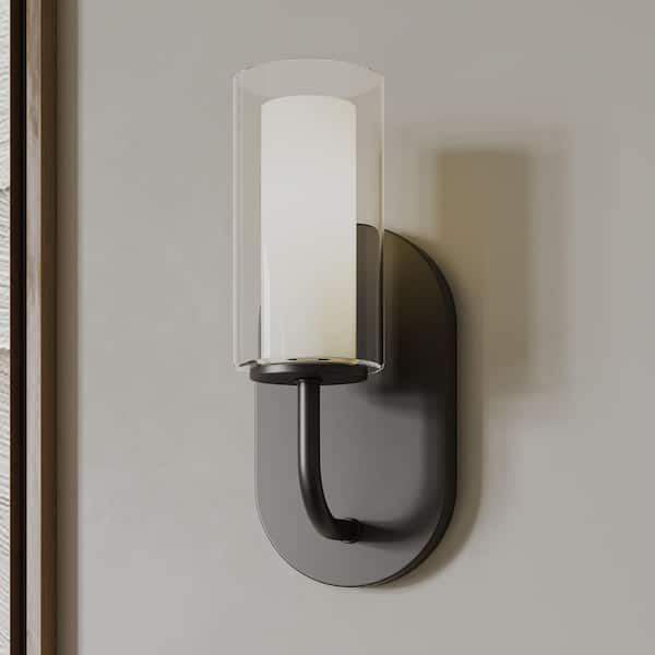 Mack 4.5 In. 1-Light Matte Black Modern Traditional Wall Sconce with Layered Glass Shade