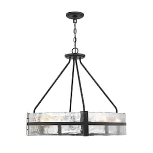 Hudson 28 in. W x 23 in. H 8-Light Matte Black Candlestick Pendant Light with Water Piastra Glass Shade