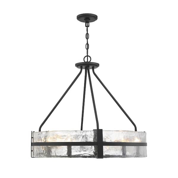 Savoy House Hudson 28 in. W x 23 in. H 8-Light Matte Black Candlestick Pendant Light with Water Piastra Glass Shade