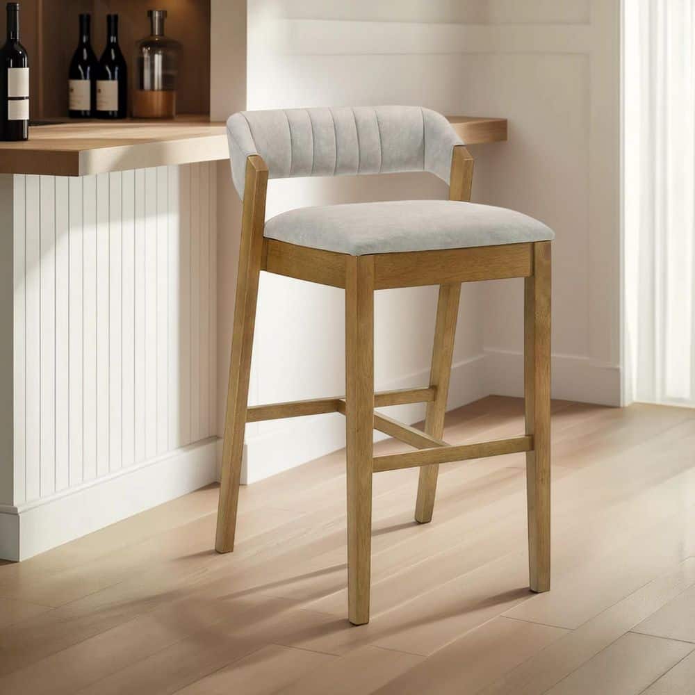 Landyn 30 in. Gray/Amber Glow Rubberwood Bar Stool with Fabric Seat