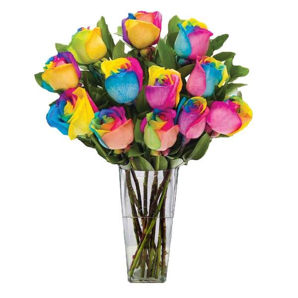 The Ultimate Bouquet Gorgeous Rainbow Rose Bouquet in Clear Vase (12 Stem) Overnight Shipping Included