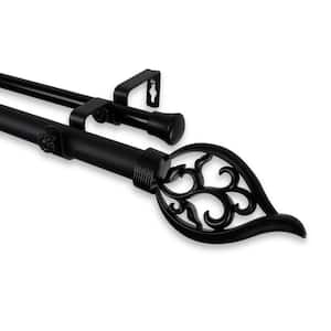 48 in. - 84 in. Telescoping 1 in. Double Curtain Rod Kit in Black with Flora Finial