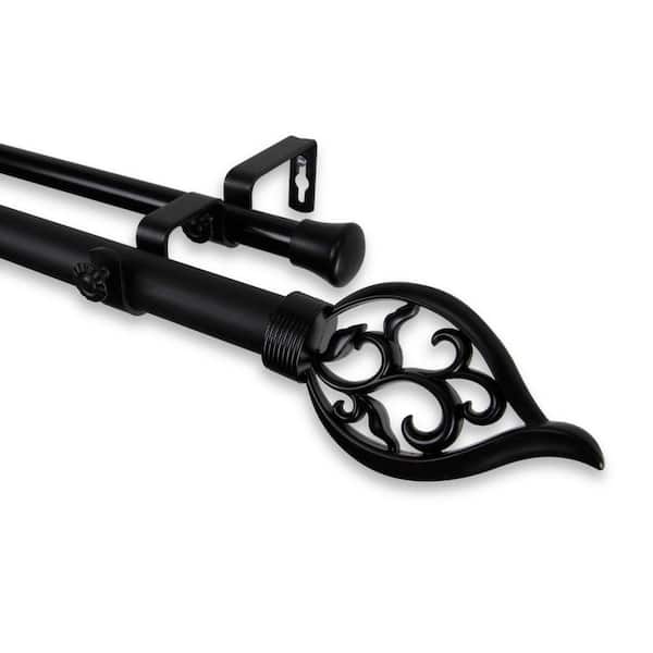 Rod Desyne 66 in. - 120 in. Telescoping 1 in. Double Curtain Rod Kit in Black with Flora Finial