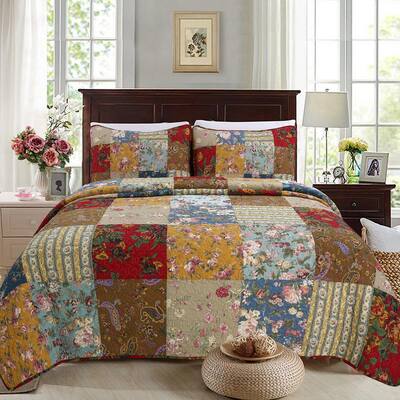 Country Garden Fall Flowers Paisley Brooch 3-Piece Multi-color Red Blue Beige Cotton Queen Quilt Bedding Set