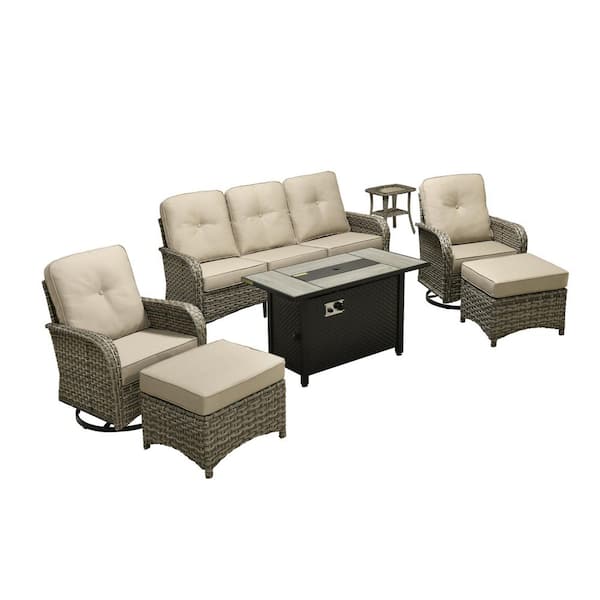 Beverly 7-Piece Wicker Patio Conversation Sofa Swivel Chairs Set with Metal Fire Pit and Beige Cushions