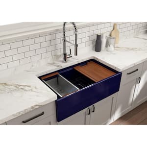 Step-Rim Sapphire Blue Fireclay 33 in. Single Bowl Farmhouse Apron Front Workstation Kitchen Sink with Accessories