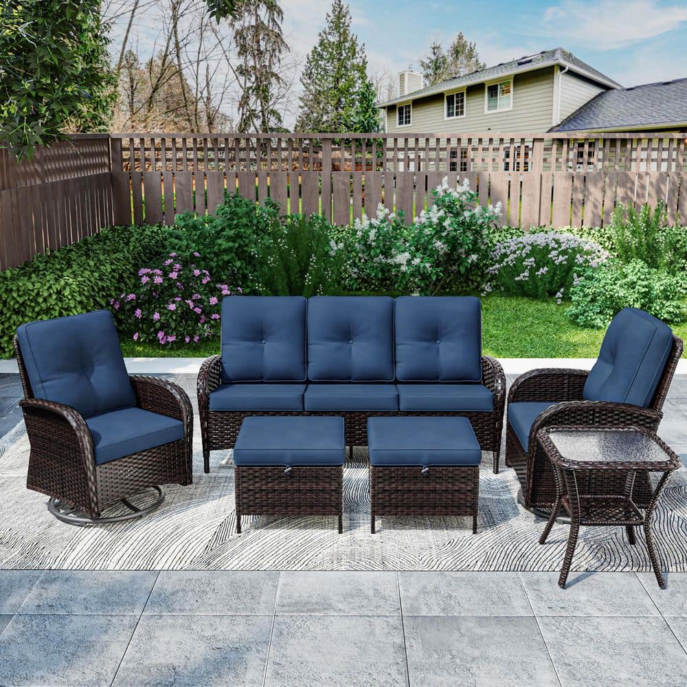 6-Piece Outdoor Wicker Patio Conversation Set All-Weather PE Rattan with Blue Cushions price history on PriceWatchPro
