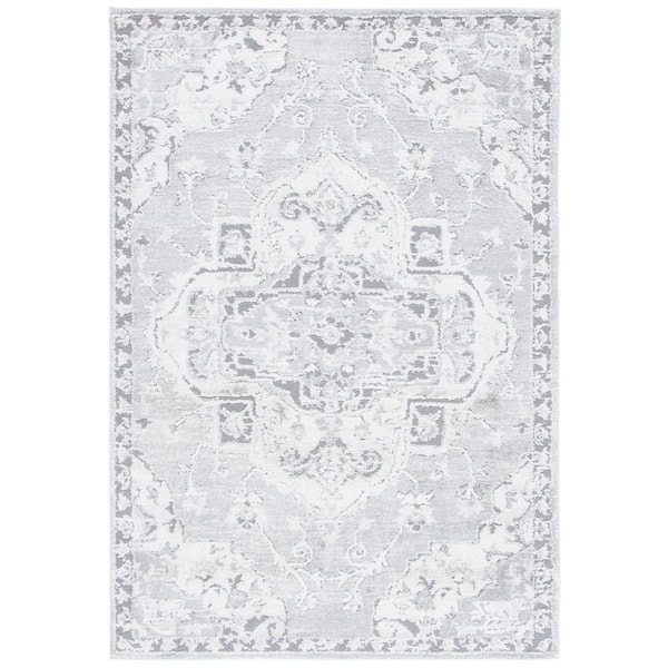 Luna 9 ft. x 12 ft. Gray/Ivory Ornate Border Medallion Area Rug