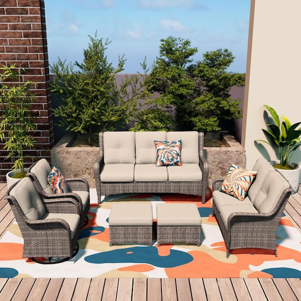 Patio Furniture Set 6-Piece Wicker Outdoor Patio Conversation Set with Beige Cushions