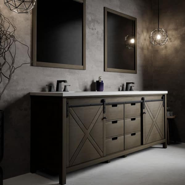 Marsyas 84 in W x 22 in D Rustic Brown Double Bath Vanity, White Quartz Countertop and Faucet Set