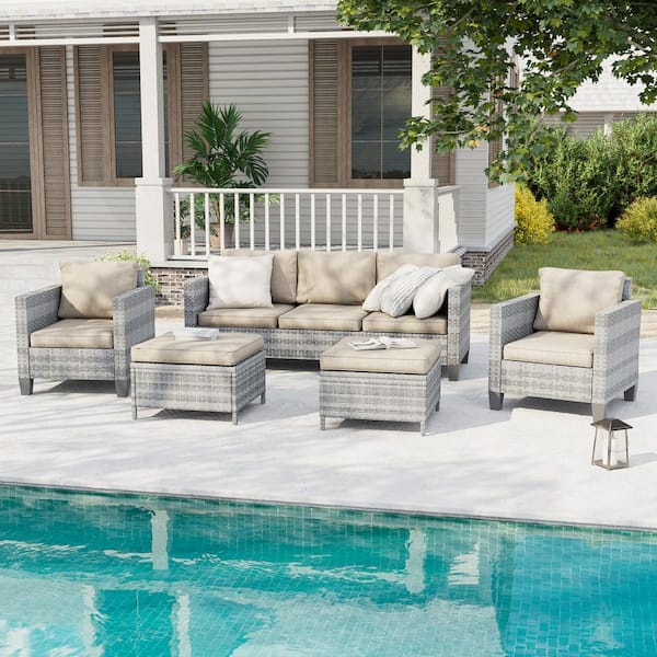 5-Piece Outdoor Patio Conversation Set Widened Back and Arm Gray Rattan Three-Seat Sofa Two Ottomans, Linen Flax Beige
