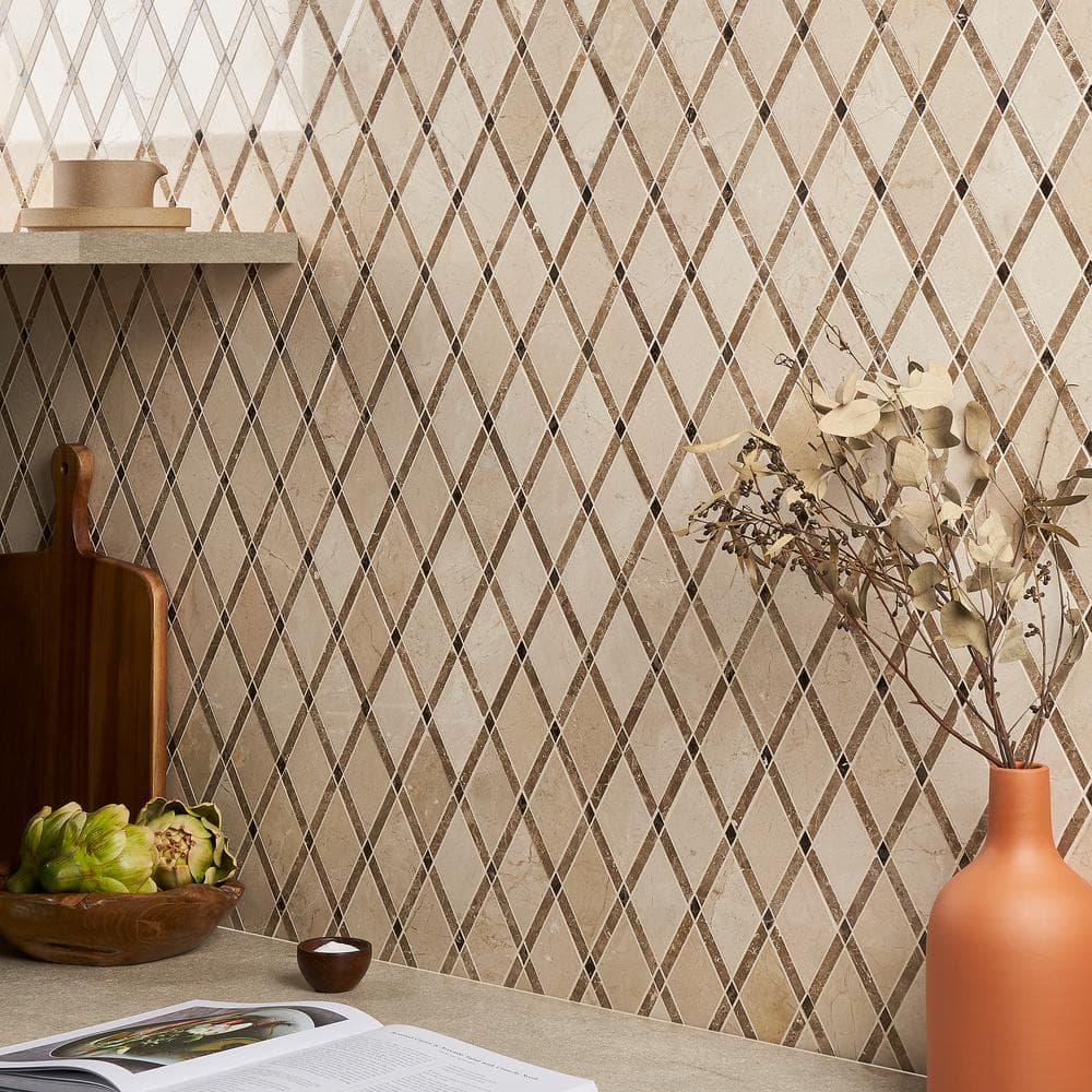 Grand Polished Marble Diamond Mosaic Tile Sheet in Pavo Gray