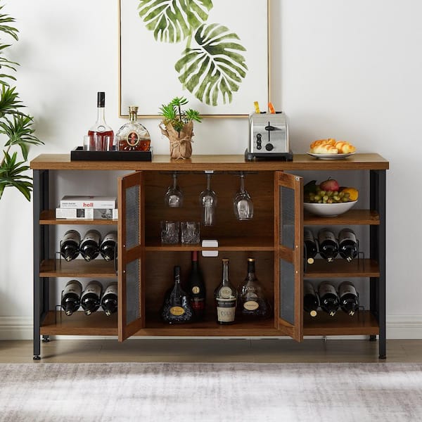 VEVOR Industrial Bar Cabinet, Wine Table for Liquor with Glass Holder, Wine Rack and Metal Sideboard, Farmhouse Wood Coffee Bar for Living Room, Dinin