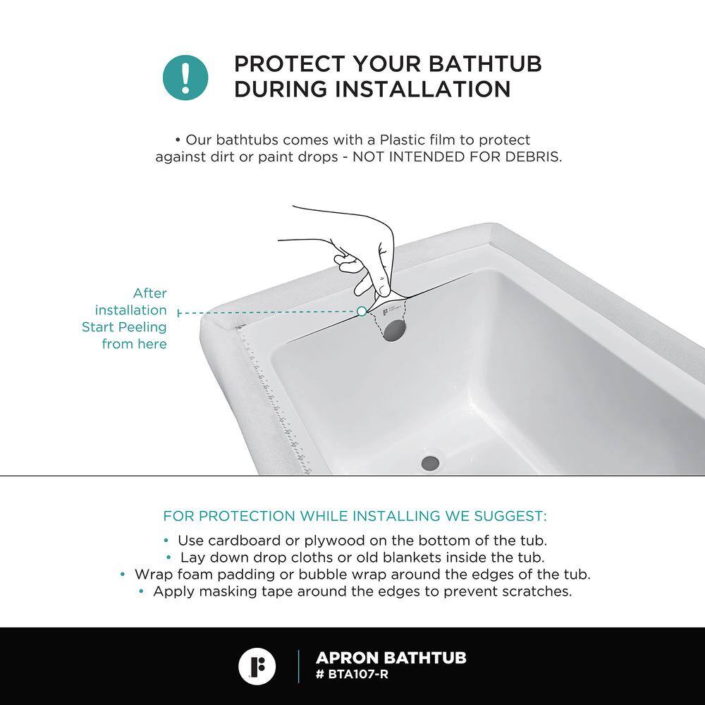White Acrylic Rectangular Alcove Soaking Bathtub, 60" x 36"