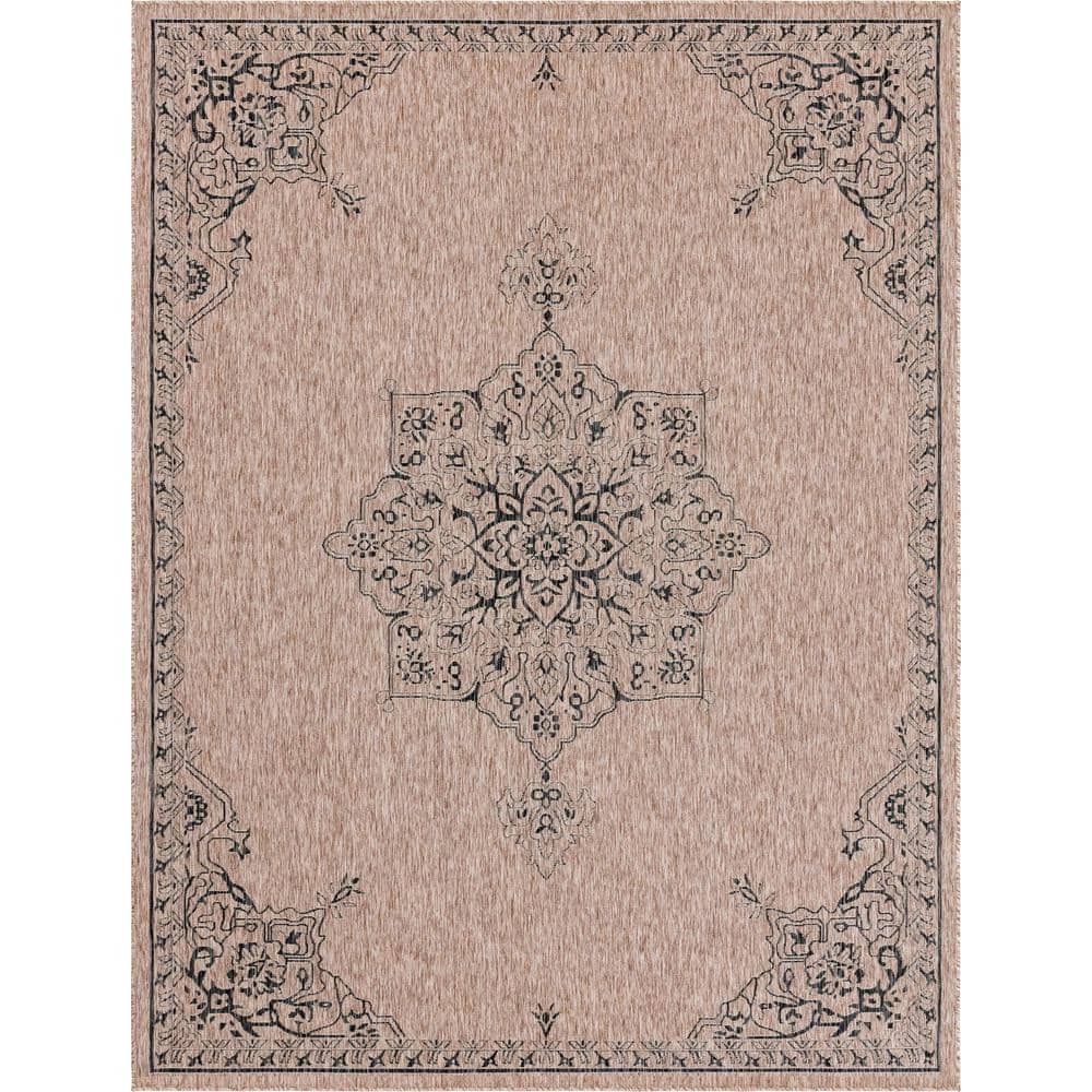 Beige and Black Rectangular Outdoor Synthetic Rug, 9' x 12'