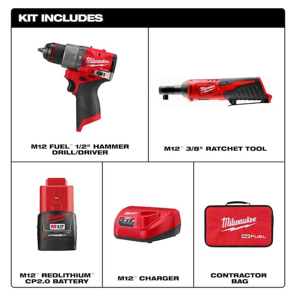 M12 FUEL 12-Volt Li-Ion Brushless Cordless 1/2 in. Hammer Drill Kit w CP 2.0Ah Battery, Charger & M12 3/8 in. Ratchet