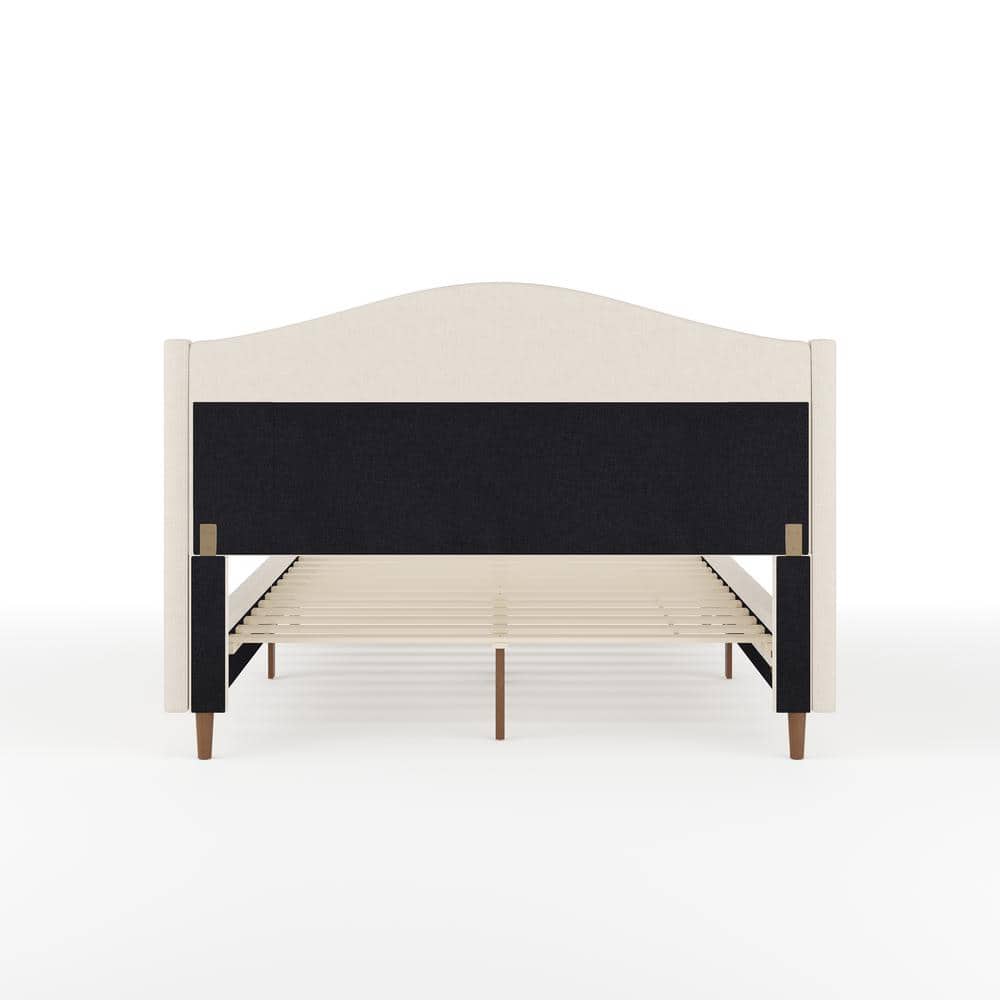 Full Beige Linen Upholstered Platform Bed with Walnut Legs