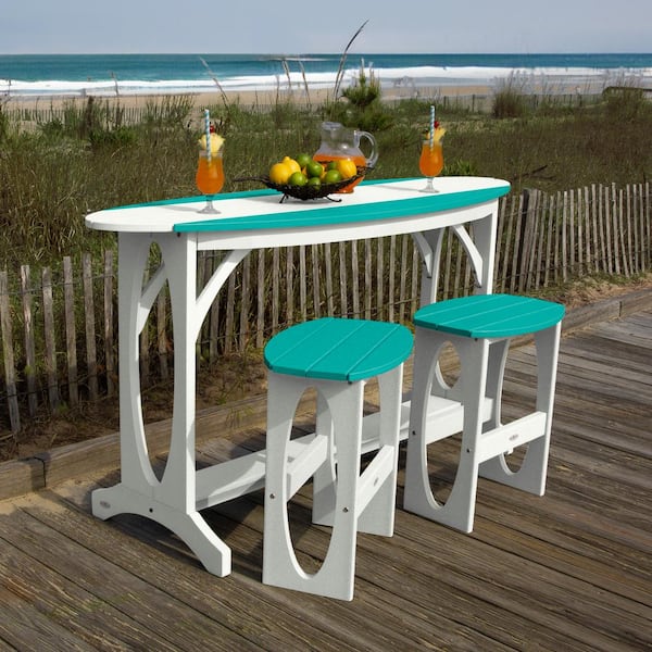Highwood Shoreline White/Seaglass Blue 3-Piece Recycled Plastic Bar Height Balcony Set