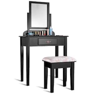 One-Drawer Black Dressing Vanity Table Sets with 360° Rotatable Rectangular Mirror and Padded Stool