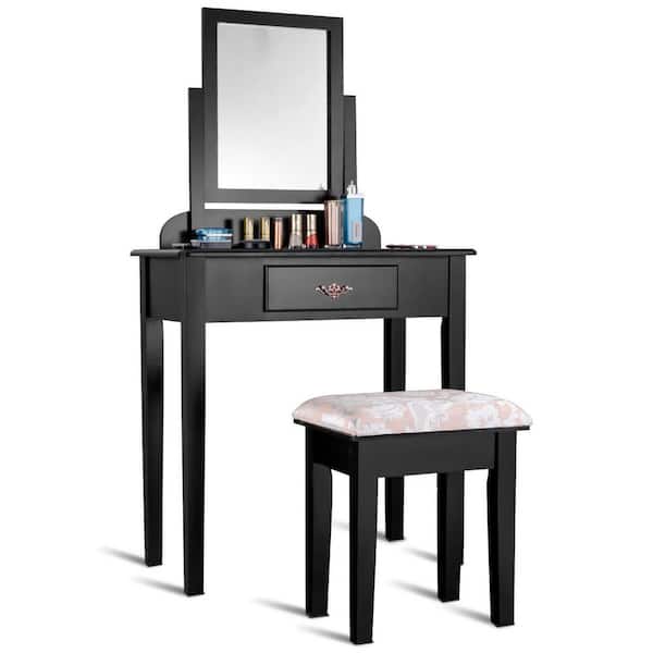 FORCLOVER One-Drawer Black Dressing Vanity Table Sets with 360° Rotatable Rectangular Mirror and Padded Stool