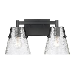 Analia 16.5 in. 2 Light Matte Black Vanity Light with Clear Ribbed Glass Shade with No Bulbs Included