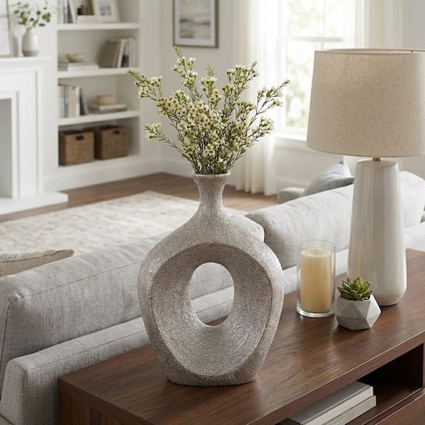 Liv & Skye 13 in. Silver Ceramic Beaded Oval Cut-Out Decorative Vase 15119-02
