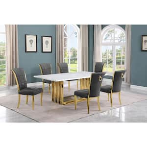 Lisa 7-Piece Rectangle White Marble Top Gold Stainless Steel Dining Set With 6-Dark Grey Velvet Gold Iron Leg Chairs