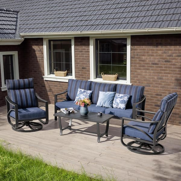 Patio Time Jarvis 4-Piece Aluminum Outdoor Sofa Set with Blue Cushions
