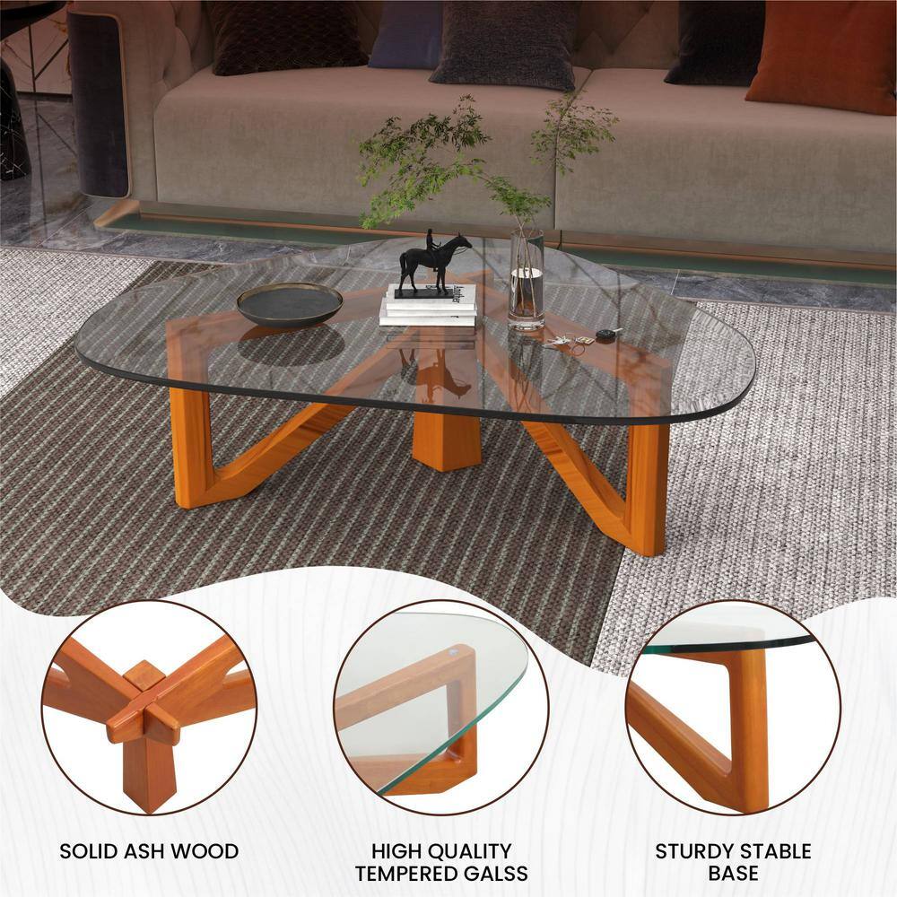 Light Walnut Triangular Glass Top Coffee Table