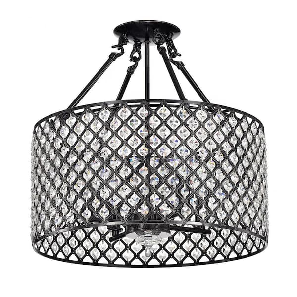 Marya 4-Light Modern Antique Black Finish Crystal Semi-Flush Mount Light with Clear Glass Crystal Beaded Drum Shade