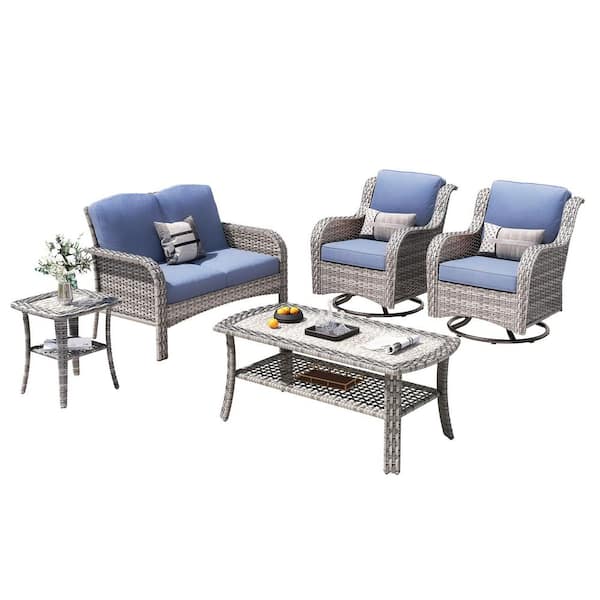 Miziisy Gray 5-Piece Wicker Patio Conversation Set with Denim Blue Cushions and Swivel Chairs