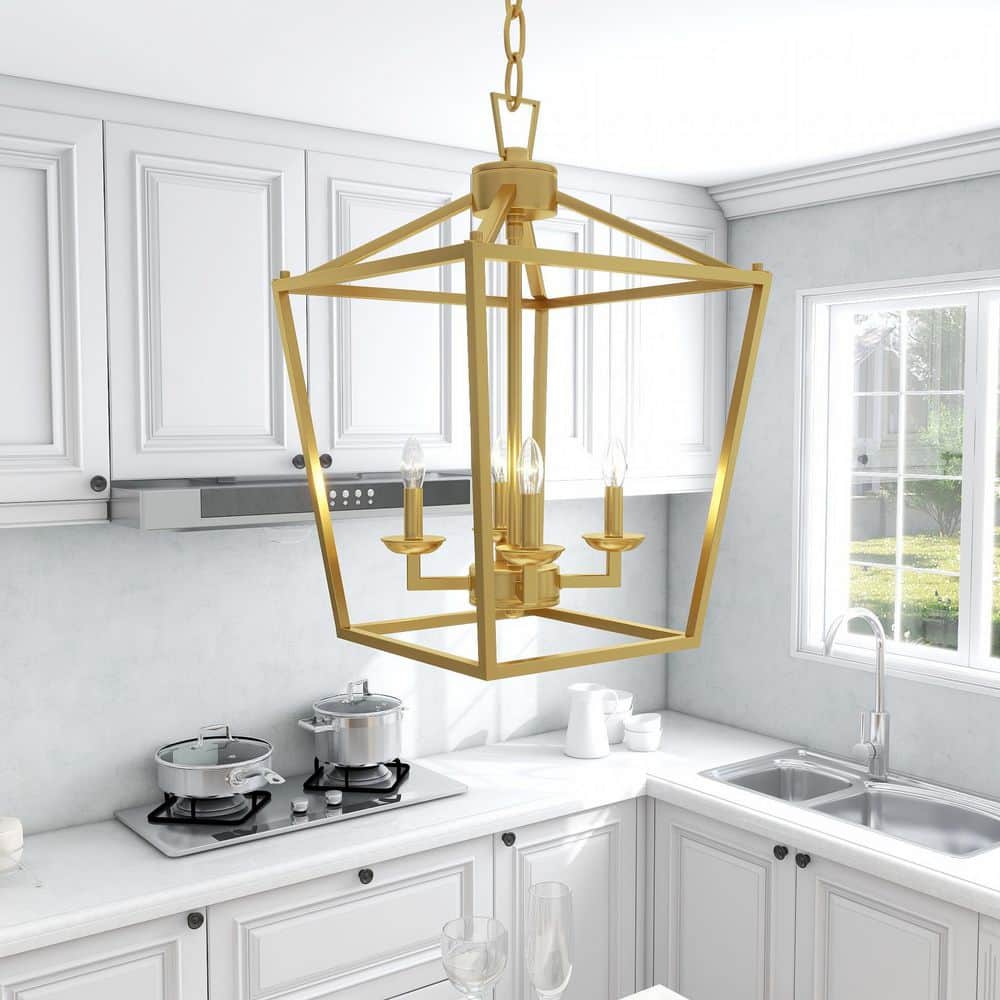 Soft Gold Geometric Lantern Pendant Chandelier with Metal Cage
