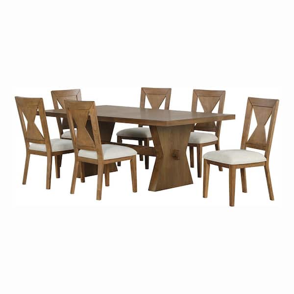 Jaken 7-Piece Rectangle Rustic Oak Wood Top Dining Table Set with Hourglass Design (Seats 6)