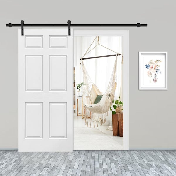 30 in. x 80 in. White Painted Composite MDF 6-Panel Interior Sliding Barn Door with Hardware Kit