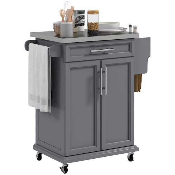 HOMCOM Gray Wood 33 in. Kitchen Island with Drawers