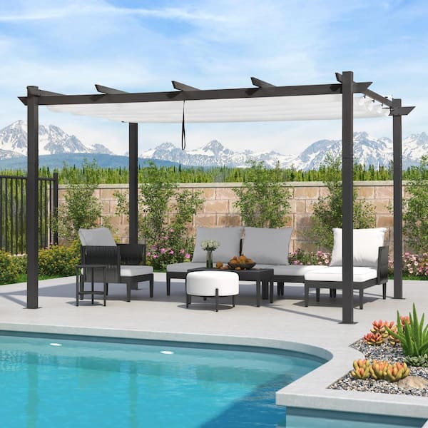 PURPLE LEAF 10 ft. x 13 ft. Gray Aluminum Frame Outdoor Pergola Gazebo with White Retractable Sun Shade Canopy and Extra Top Roof