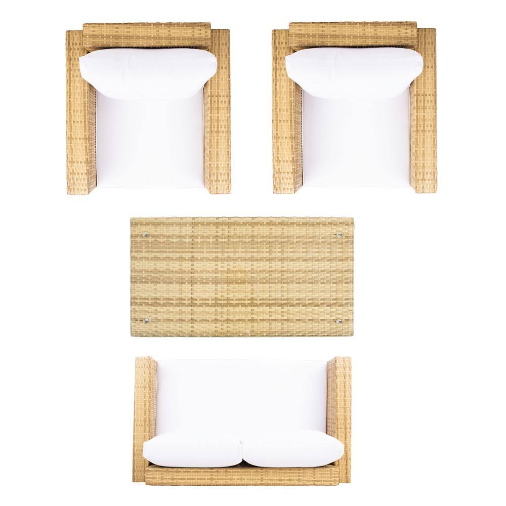 Natural Wicker and White Cushions 4-Piece Patio Set