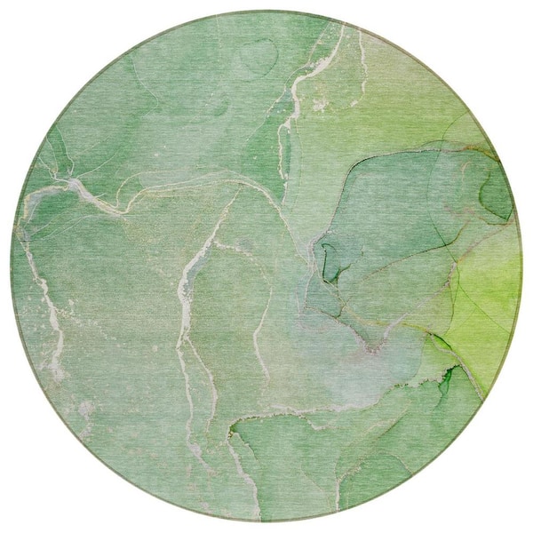 HomeRoots Green 8 ft. Round Abstract Indoor / Outdoor Area Rug