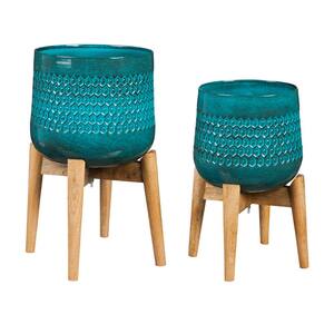 Nested Embossed Blue Metal Planter with Wood Stand Set of 2