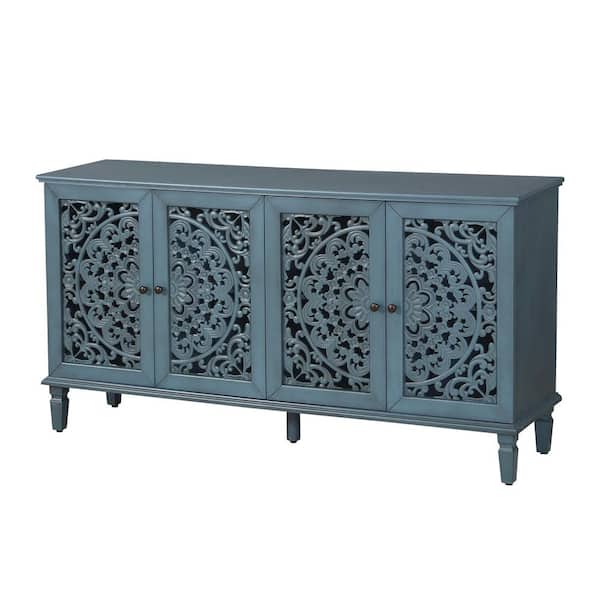 Navy Blue Wood Pantry Organizer, Storage Buffet Cabinet with Storage, 4-Door and Adjustable Shelves
