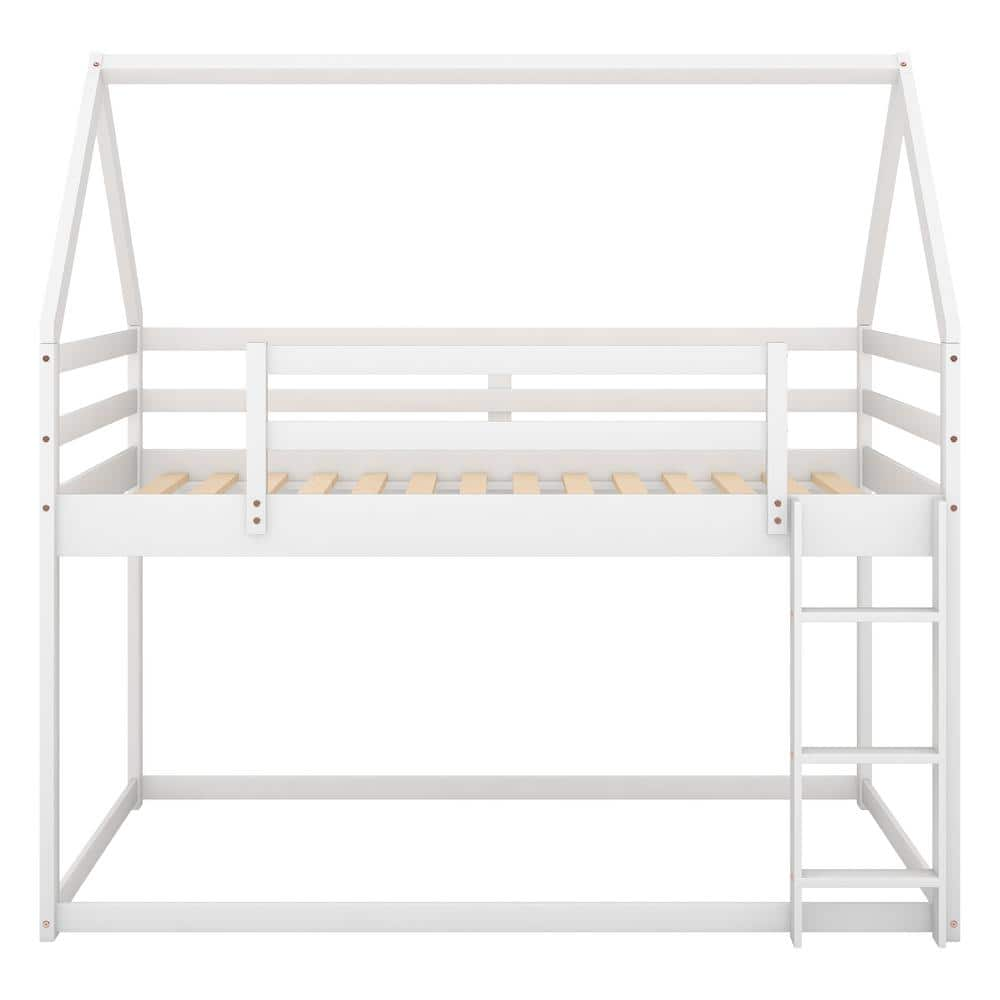 White Twin Over Twin Floor Wood House Bunk Bed with Ladder Twin Low Kids Bunk Bed Frame with House Shape Roof -  ANBAZAR, 01164ANNA-K