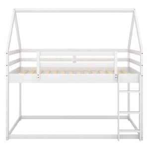 White Twin Low Bunk Bed House Shape Floor Bed Frame with Ladder and Safety Guardrail for Kids Boys Girls