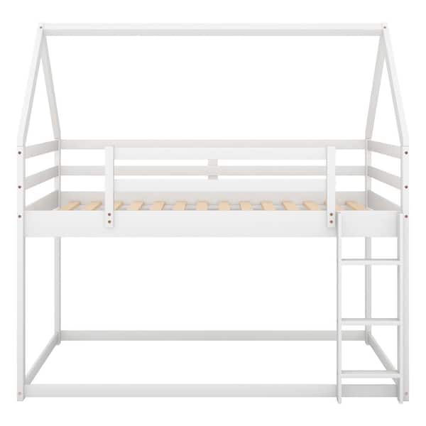 URTR White Twin Low Bunk Bed House Shape Floor Bed Frame with Ladder and Safety Guardrail for Kids Boys Girls